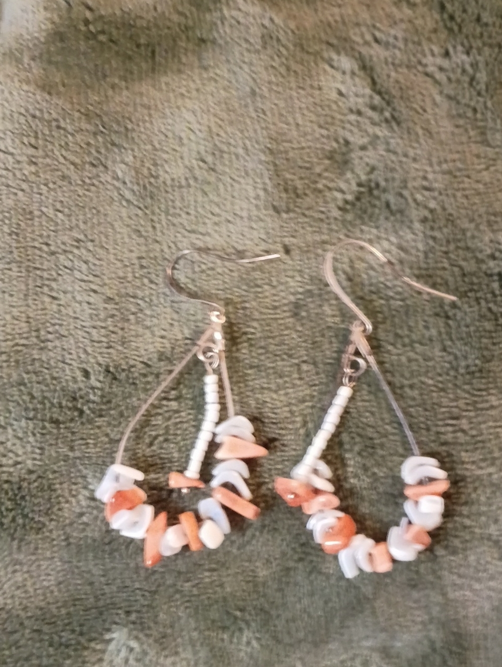 White and Peach Bead Teardrop Dangle Earrings